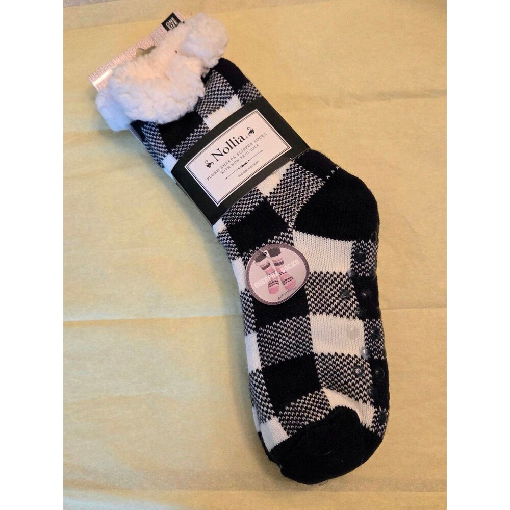 New Nollia Plush Sherpa Slipper Socks Buffalo Plaid Black White